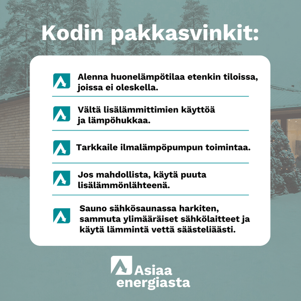 Kodin pakkasvinkit -infograafi energiansäästövinkeillä talvikaudelle